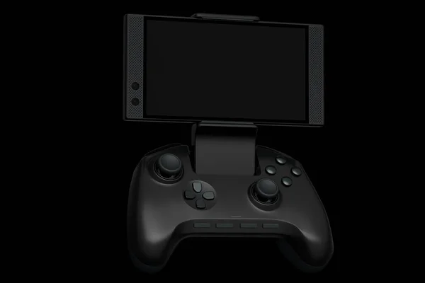 现实的控制杆在手机上玩黑色背景的游戏 电子游戏流媒体概念的三维渲染 — 图库照片