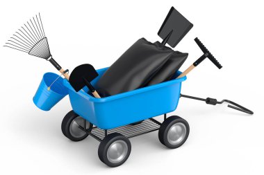 Bahçe el arabası, kürek, su kovası ve beyaz arka planda çatal gibi aletler. El arabası ya da direksiyonlu bir araba. Kargo taşımacılığı için 3D tarım bahçesi oluşturma aracı.