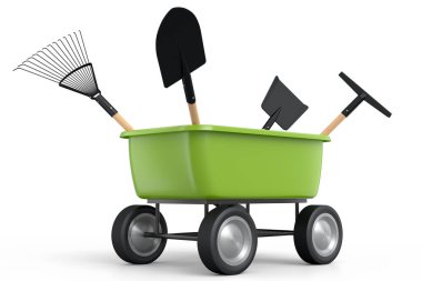 Bahçe el arabası, arka planda kürek, tırmık ve çatal gibi aletlerle. El arabası ya da direksiyonlu bir araba. Kargo taşımacılığı için 3D tarım bahçesi oluşturma aracı.