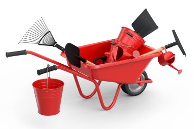 Bahçe el arabası, kürek, su kovası ve beyaz arka planda çatal gibi aletler. El arabası ya da direksiyonlu bir araba. Kargo taşımacılığı için 3D tarım bahçesi oluşturma aracı.