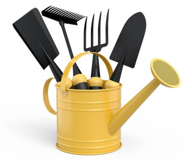 Beyaz arka planda kürek, tırmık ve çatal gibi bahçe aletleriyle sulama tenekesi. 3D bahçe işleri ve tarım malzemeleri kavramı