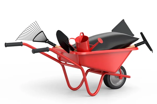 花园独轮车与花园工具 如铲子 浇水罐和叉子白色背景 带轮子的手推车或手推车 3D渲染农场园艺工具 用于运送货物 — 图库照片