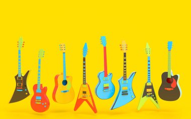 Çok renkli arka planda izole edilmiş elektrikli akustik gitar seti. Müzik dükkanı için heavy metal gitarlı 3D rock festivali posteri.