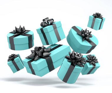 Kurdeleli hediye kutuları ve beyaz arka planda uçan ve düşen yay. 3D karşılama tasarımı konsepti: Doğum günü, Mutlu Noeller, Kara Cuma, Yeni Yıl