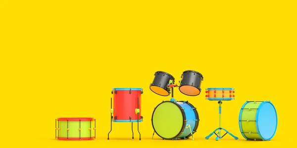 Set Tambores Con Platillos Metálicos Sobre Fondo Multicolor Render Instrumento — Foto de Stock