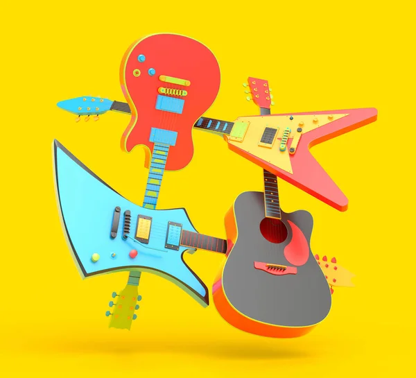 Набір Електричних Акустичних Гітар Ізольовано Багатокольоровому Фоні Візуалізація Концепції Постер — стокове фото