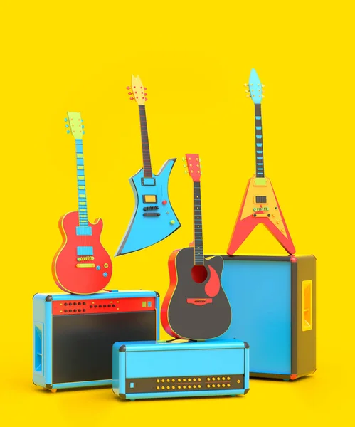 一套彩色背景的电声吉他手扩音器 音乐打击乐器 鼓机和摇滚音乐节海报用重金属吉他手鼓的3D渲染 — 图库照片