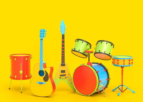 Sada Elektrických Akustických Kytar Bubnů Kovovými Činely Vícebarevném Pozadí Provedení — Stock fotografie