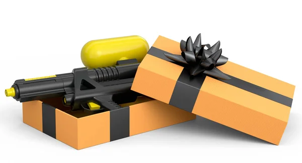 礼品盒 装有水枪 带子和弓 白色背景隔离 三维渲染问候设计的概念生日 圣诞节 黑色星期五 — 图库照片