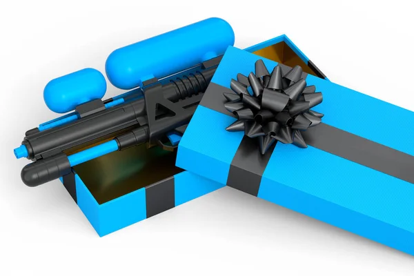 Gift boxes with water gun, ribbon and bow isolated on white background. 3d render concept of greeting design Birthday, Christmas, Black friday, New Year