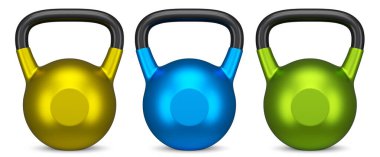 Spor için beyaz arka planda izole edilmiş ağır spor salonu altın çaydanlığı seti. Spor malzemelerinin fitness ve powerlift için 3D yorumlaması