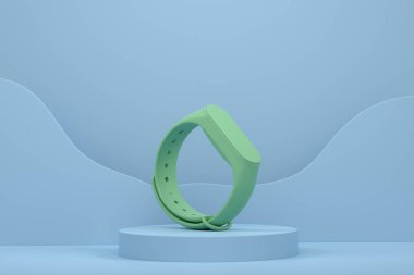 Tek renkli arka planda basamakları olan silindir podyumda spor takip cihazı ya da akıllı saat. Takım oyunu için spor aksesuarları gibi 3D görüntüleme ürünü