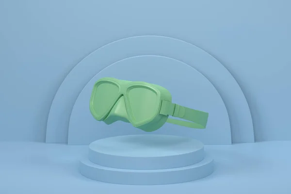 원심분리기에 스노클링 마스크를 착용하고 배경에 액세서리와 개념같은 디스플레이 제품의 렌더링 — 스톡 사진