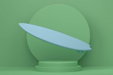 Yaz sörf tahtası silindir podyumda tek renkli arka planda adımlarla. Sahildeki aksesuarlar ve yaz mevsimi konsepti gibi 3D görüntüleme ürünü