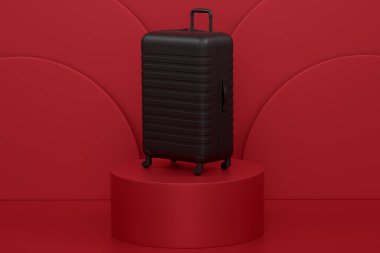 Silindir podyumda tek renkli arka planda basamakları olan polikarbonat bavulu. Sahildeki aksesuarlar ve yaz mevsimi konsepti gibi 3D görüntüleme ürünü