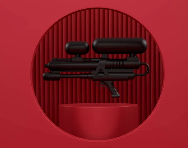 Wasserpistolenspielzeug Aus Kunststoff Auf Zylinderpodest Mit Stufen Auf Monochromen Hintergrund — Stockfoto