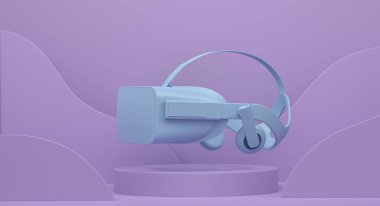 Silindir podyumda sanal gerçeklik gözlükleri ve tek renkli arka planda basamaklar. Bulut oyunu ve oyun alanı çalışma alanı konsepti için 3D görüntüleme ürünü gibi