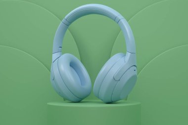 Silindir podyumda tek renkli arka planda basamakları olan gerçekçi oyun kulaklıkları. Bulut oyunu ve oyun alanı çalışma alanı konsepti için 3D görüntüleme ürünü gibi