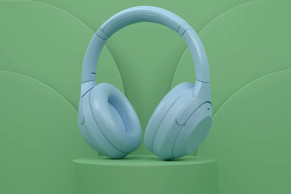 Realistic gaming headphones on cylinder podium with steps on monochrome background. 3d render of display product like streaming gear for cloud gaming and gamer workspace concept