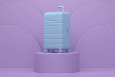 Silindir podyumda tek renkli arka planda basamakları olan polikarbonat bavulu. Sahildeki aksesuarlar ve yaz mevsimi konsepti gibi 3D görüntüleme ürünü