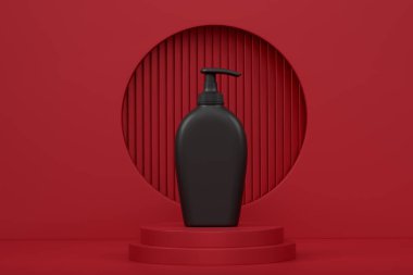 Güneş kremi şişesi ya da silindir podyumda tek renkli arka plan basamaklı güneş kremi. Sahildeki aksesuarlar ve yaz mevsimi konsepti gibi 3D görüntüleme ürünü
