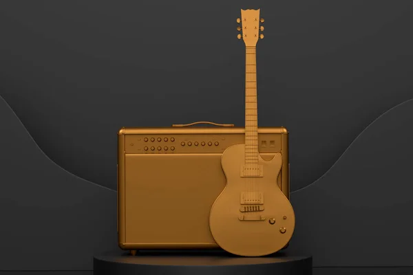 Amplifier Acoustic Guitar Cylinder Podium Steps Monochrome Background Render Display — Stock Photo, Image