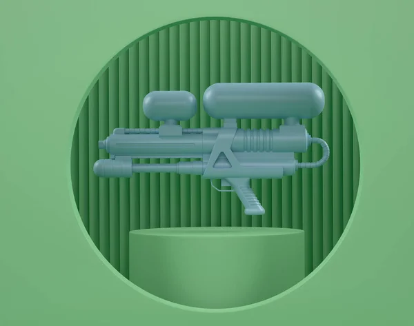 Plastikowa Zabawka Pistoletu Wodnego Podium Cylindra Krokami Monochromatycznym Tle Renderowania — Zdjęcie stockowe