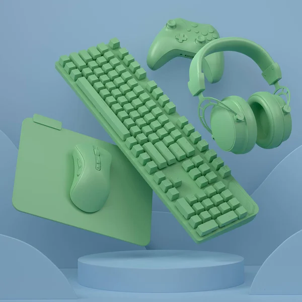 Conjunto Joystick Videogame Teclado Mouse Fones Ouvido Pódio Cilindro Fundo — Fotografia de Stock