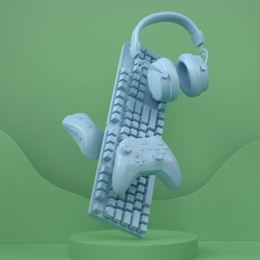 Oyun kumandası, klavye ve kulaklıklar tek renkli arka planda. Bulut oyunu ve oyun alanı çalışma alanı konsepti için 3D görüntüleme ürünü gibi