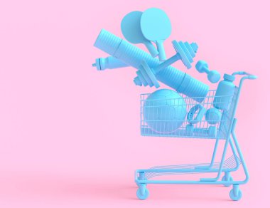 Sport equipment for fitness, gym in shopping cart on monochrome background. 3d render of power lifting and fitness concept