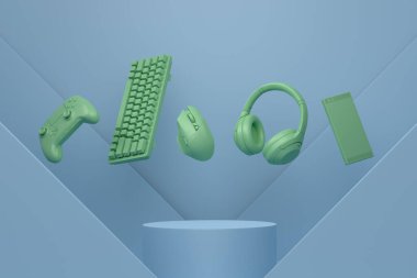 Oyun kumandası, klavye ve kulaklıklar silindir podyumda tek renkli arka planda. Bulut oyunu ve oyuncu çalışma alanı için akış teçhizatı gibi 3D görüntüleme ürünü