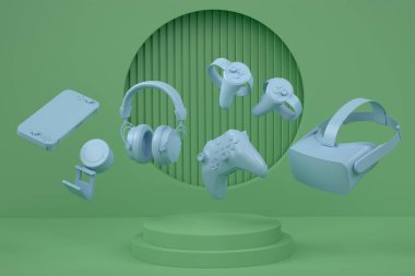 Oyun kumandası, VR gözlükleri ve tek renkli arka planda silindir podyumda duran kulaklıklar. Bulut oyunu ve oyuncu çalışma alanı için akış teçhizatı gibi 3D görüntüleme ürünü