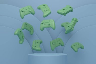 Silindir podyumda tek renkli arka planda basamakları olan bir oyun kumandası seti. Bulut oyunu ve oyun alanı çalışma alanı konsepti için 3D görüntüleme ürünü gibi