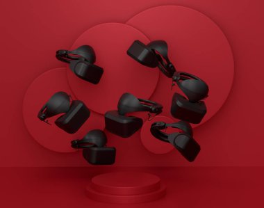Video oyunu VR sanal gerçeklik gözlükleri silindir podyumda tek renkli arka planda. Bulut oyunu ve oyuncu çalışma alanı için akış teçhizatı gibi 3D görüntüleme ürünü