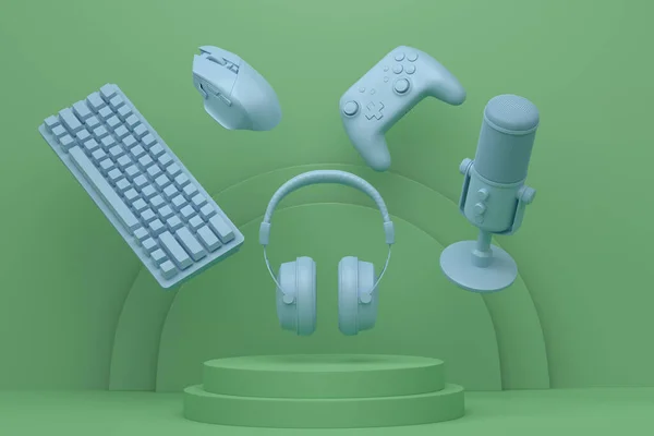 Σύνολο Του Παιχνιδιού Βίντεο Joystick Μικρόφωνο Και Ακουστικά Στο Βάθρο — Φωτογραφία Αρχείου