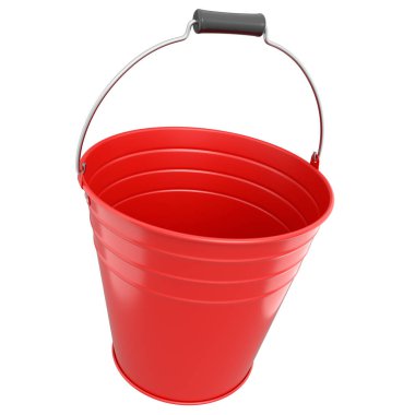 Beyaz arka planda izole edilmiş boş metal bahçe kovası. Bitkilerin 3 boyutlu bakım ve susuzluğu