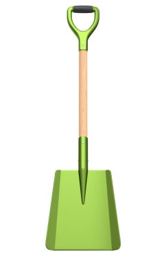 Beyaz arka planda izole edilmiş tahta saplı bahçe küreği. Çiftlik ve yaz kampı için 3D bahçe aletleri ve ekipman.