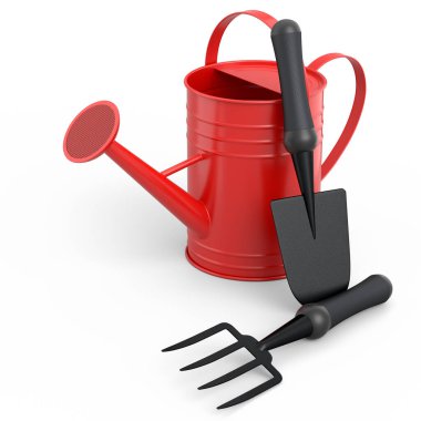 Beyaz arka planda kürek, tırmık ve çatal gibi bahçe aletleriyle sulama tenekesi. 3D bahçe işleri ve tarım malzemeleri kavramı