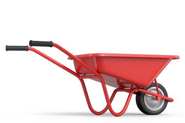 Garden wheelbarrow isolated on white background. Handcart with wheel. 3d render of farm gardening tool for carriage of cargoes.