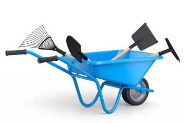 Bahçe el arabası, arka planda kürek, tırmık ve çatal gibi aletlerle. El arabası ya da direksiyonlu bir araba. Kargo taşımacılığı için 3D tarım bahçesi oluşturma aracı.