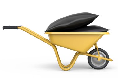 Garden wheelbarrow isolated on white background. Handcart or cart with bags. 3d render of farm gardening tool for carriage of cargoes.