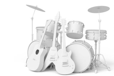 Tribünlerde metal zilleri ve tek renkli arka planda akustik gitarları olan gerçekçi davullar. 3D render müzik perküsyon enstrümanı, davul makinesi ve bateri seti