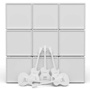 Tek renkli arka planda elektrikli akustik gitar ve amplifikatör seti. Müzik dükkanı için heavy metal gitarlı 3D rock festivali posteri.
