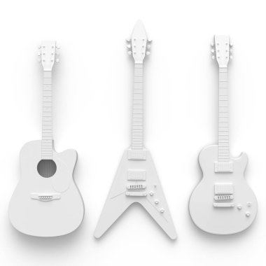 Monokrom arka planda izole edilmiş elektro akustik gitar seti. Müzik dükkanı için heavy metal gitarlı 3D rock festivali posteri.