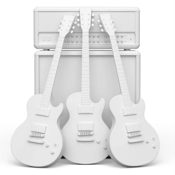 一套在单色背景上隔离的电声吉他 音乐商店用重金属吉他摇滚音乐节海报的3D渲染概念 — 图库照片