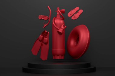 Tek renkli arka planda dalgıçlık ve plaj aksesuarları. Yaz aksesuarları ve tatil konsepti gibi 3D görüntüleme ürünü