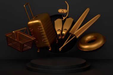 Plaj sörfü, sandalye, şemsiye ve podyumda lugagge ya da tek renkli arka planda kaide. Yaz aksesuarları ve tatil konsepti gibi 3D görüntüleme ürünü