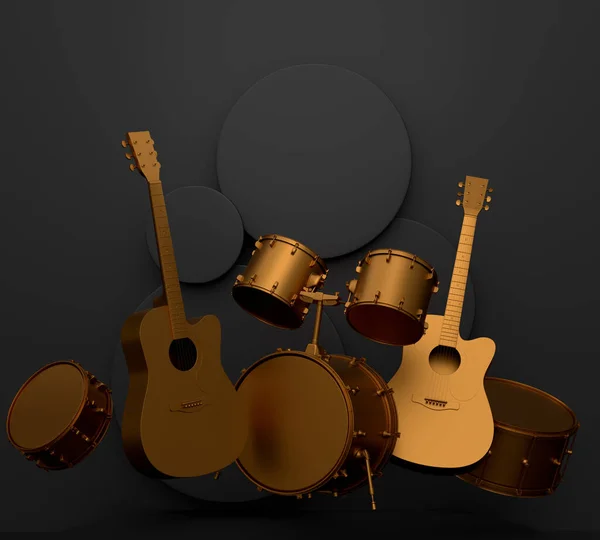 Guitarras Acústicas Tambores Con Platillos Podio Pedestal Sobre Fondo Monocromo — Foto de Stock