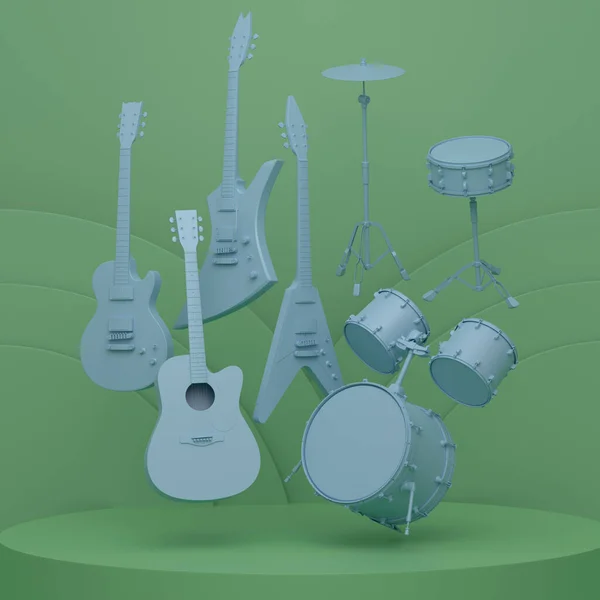 Guitarras Tambores Acústicos Com Címbalos Pódio Pedestal Fundo Monocromático Renderização — Fotografia de Stock