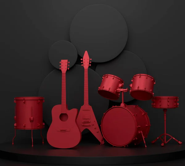 声乐吉他手和鼓手 舞台上有保险杠 单色背景上有基座 3D渲染展示产品 如音乐打击乐器 — 图库照片
